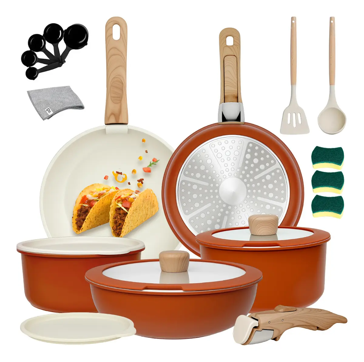 Batería de Cocina Juego de Ollas y Sartenes de Cerámica Antiadherente, 22 Piezas con Mango Desmontable, para Inducción y Gas
