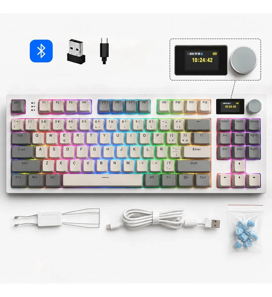 Teclado Mecánico Gamer Attack Shark K86 Español ñ 75% Rgb Pantalla De Color Y Perilla TFT 4000mAh 3 Modos Teclado Inalambrico La Tecla PBT Hot-swappable, Teclado Para Pc, Mac, Teléfonos,ps4