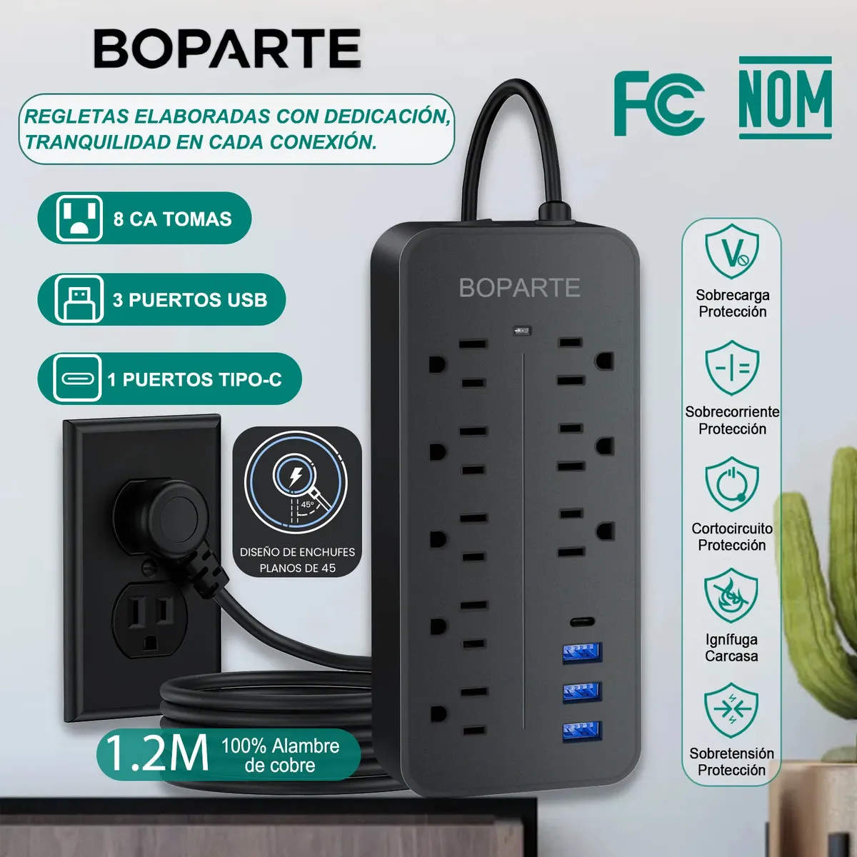 BOPARTE EL08 Multicontacto De 8 Tomas Con Usb 1.2M