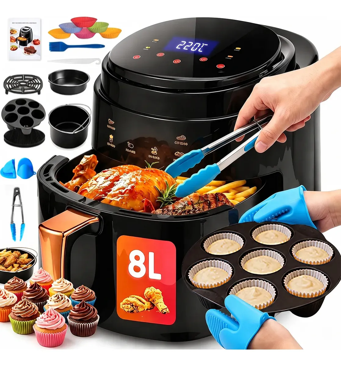 WELIKERA Freidora de Aire 8L Negra Control Táctil 15 Accesorios 60-200°C electrodomesticos horno 3 en 1,air fryer Negro freidora horno