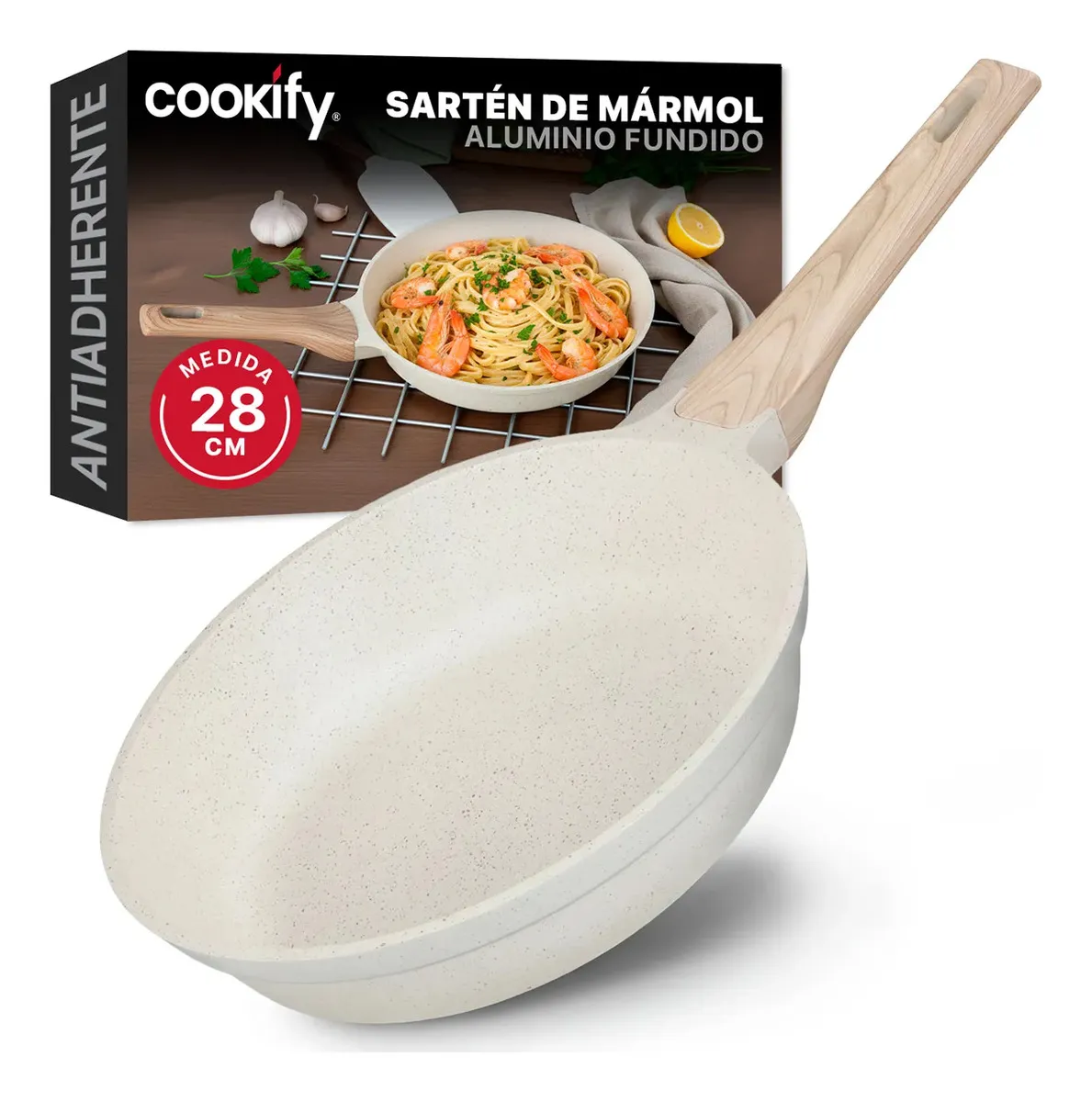 Sartén Antiadherente 28 Cm Cookify, Stone-tech Series, Libre De Pfoa, Cocina Saludable. Color Mármol Beige