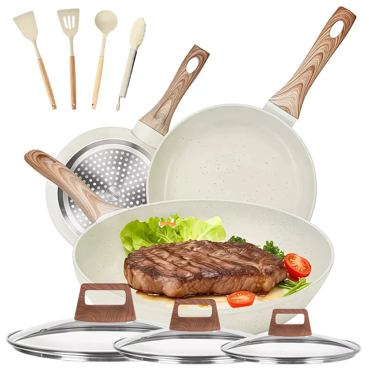 Juego De 10 Piezas Sarten Mármol Antiadherente Con Tapa 20/24/28cm ,con Juego De 4 Utensilios De Cocina, Para Gas,cocina De Inducción Y Horno