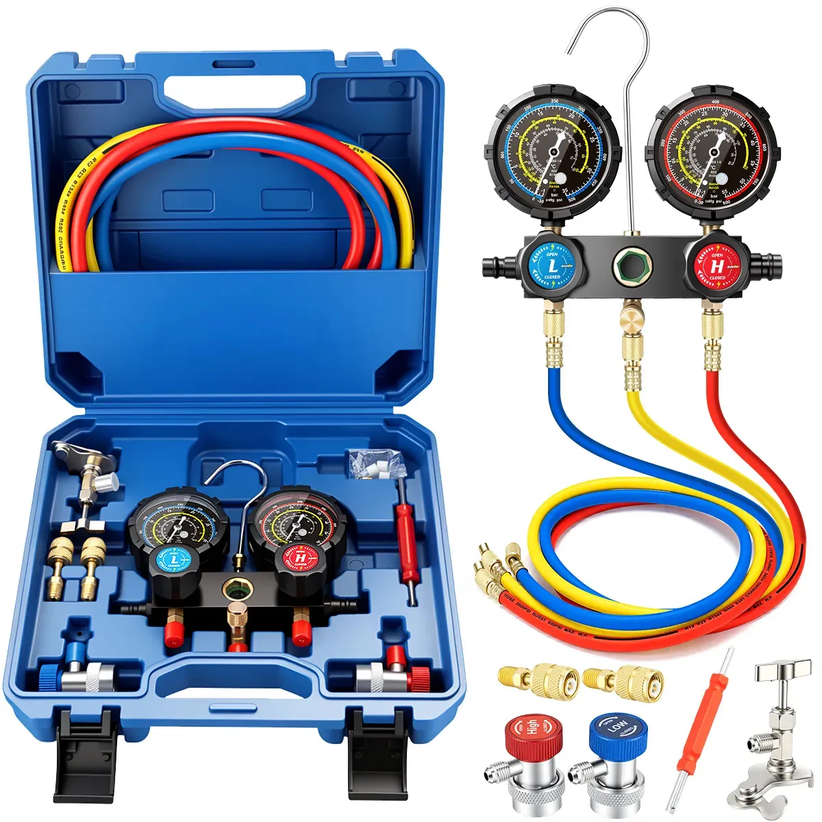 Manómetro de Refrigeración SUZWIP para R134a, R22, R404a y R410a con Mangueras de 150cm y Caja