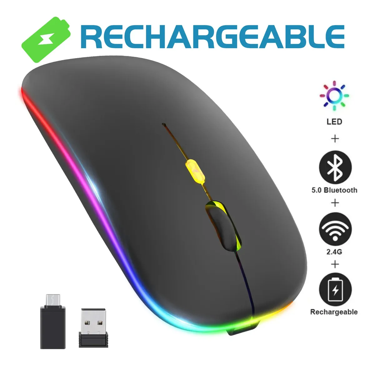 Mouse Inalámbricorecargable Bluetooth 2.4g Ergonómico Con Luces,2.4g Ratón Inalámbrico Recargable Mouse,bluetooth,usb-c,color Negro Mate