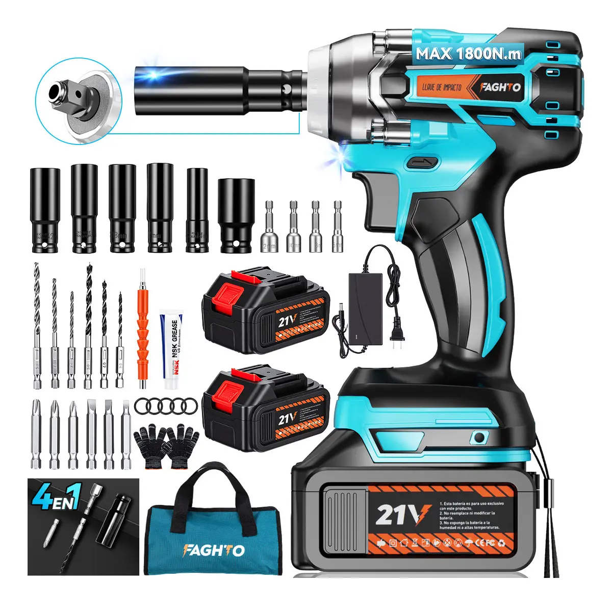 Llave De Impacto Inalámbrico 1800N.m 4 En 1 FAGHTO 1500W 8000Rpm 2 X 21V 13000mAH Baterías Y Luz Led 40 Accesorios Taladro Electrico Taladro Impacto 1/2''+1/4'' Pistola De Impacto Kit Destornilladores