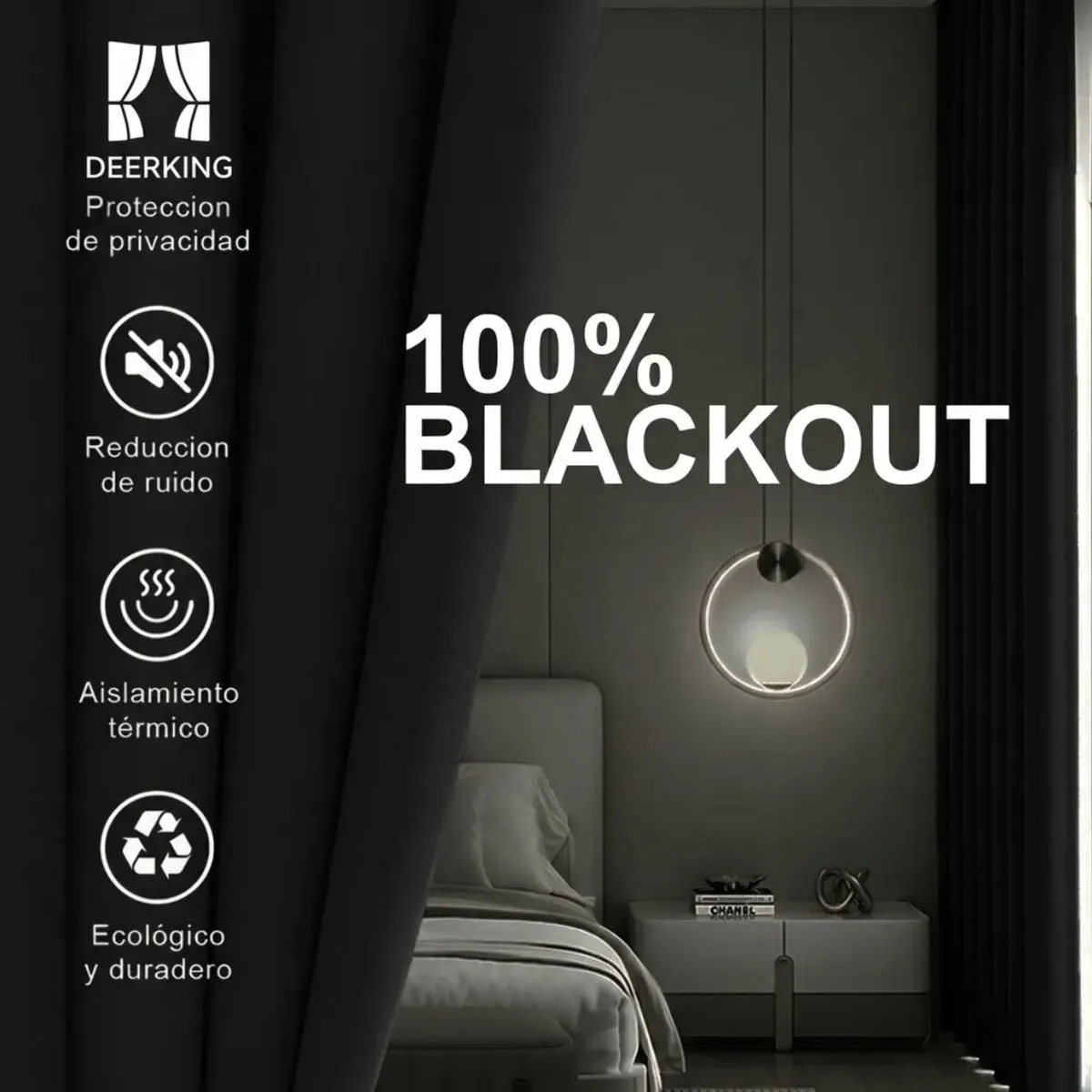 Cortina Blackout 140x240 Cm 1 Panel Para Ventanas Sala Recámara Habitación Dormitorio Con Forro Negro Bloqueo De Luz Aislamiento Térmico Reducción De Ruido Decorativa Moderna Negro