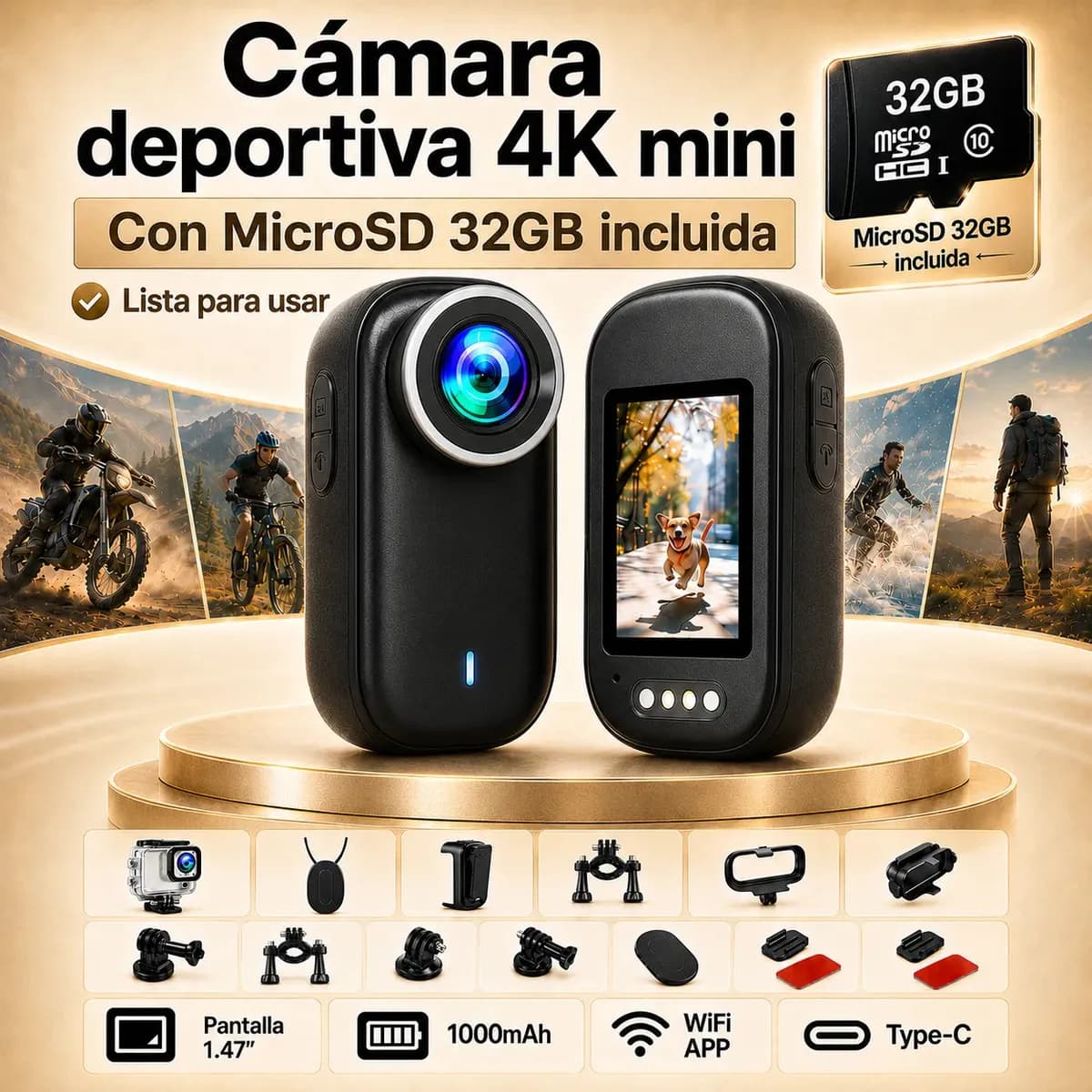 Cámara Deportiva 4K Barata Mini Wifi IP67 Con MicroSD 32GB, Cámara De Video Portátil Desmontable Para Moto Bicicleta Casco Playa Y Bajo Agua, Pantalla 1.47, Batería 1000mAh, Kit Accesorios