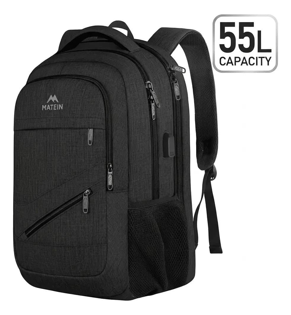 Mochila Para Laptop 18.4" ,Mochila De Viaje, Mochila Para Hombres, Antirrobo e Impermeable Matein 1035, Color Negro, Diseño Lisa