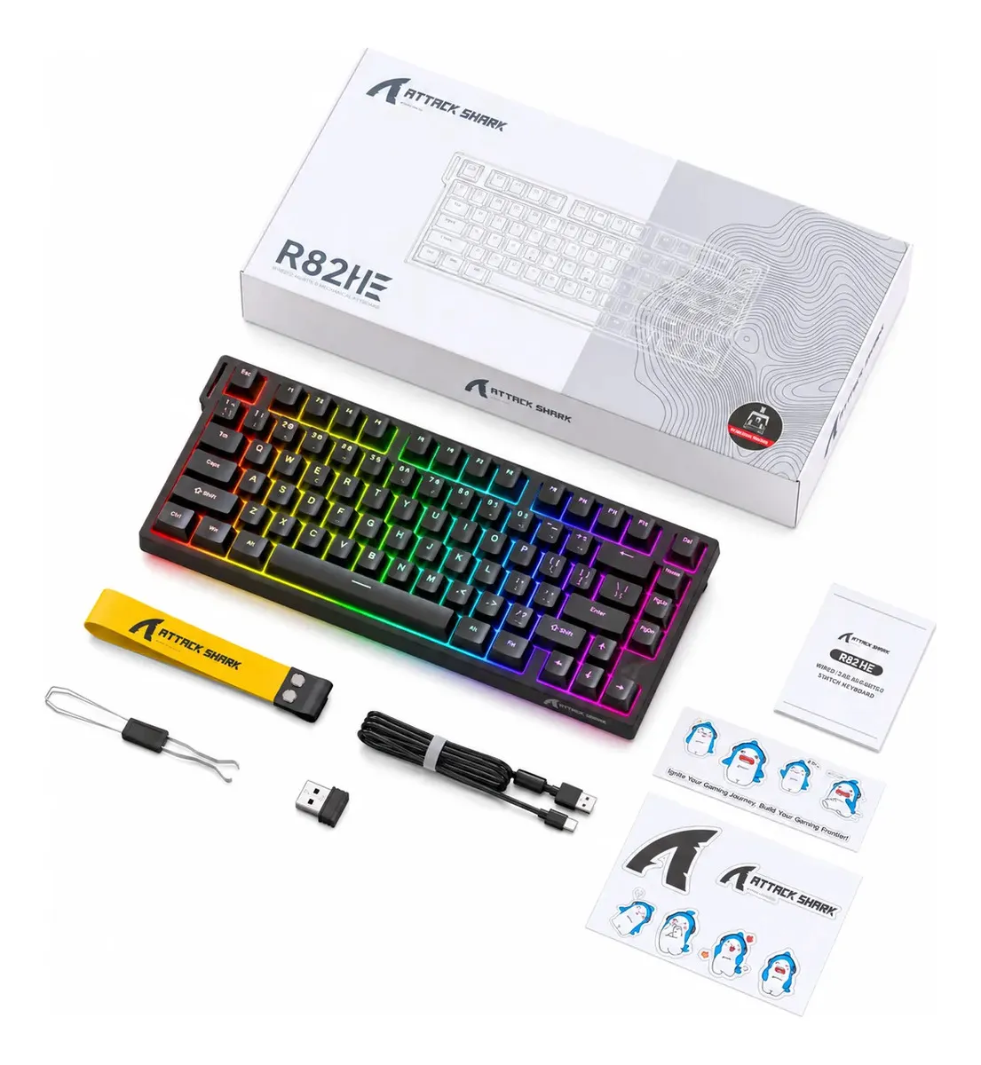 Teclado Gamer Magnético Attack Shark R82 He 75% Teclado Alambrico Magnética Por Cable De 8khz Precisión De Rt De 0.005mm 80 Keys Pbt Keycaps Teclado Mecanico Gamer Con Caja De Luz Hot Swappable, Negro