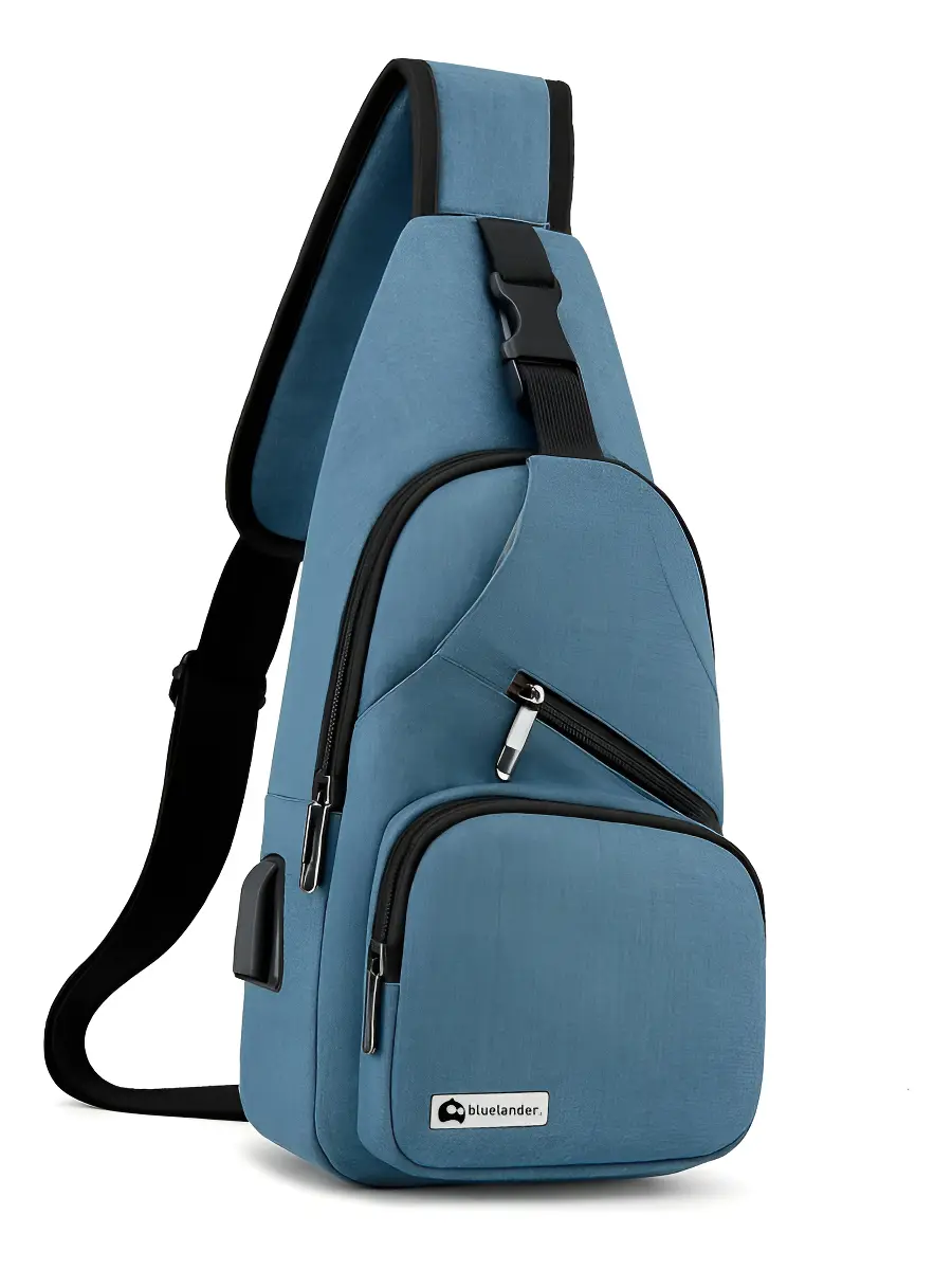 Mochila Cruzada Broche Antirrobo Impermeable Mariconera Pechera Usb Color Azul Acero Diseño De La Tela Liso