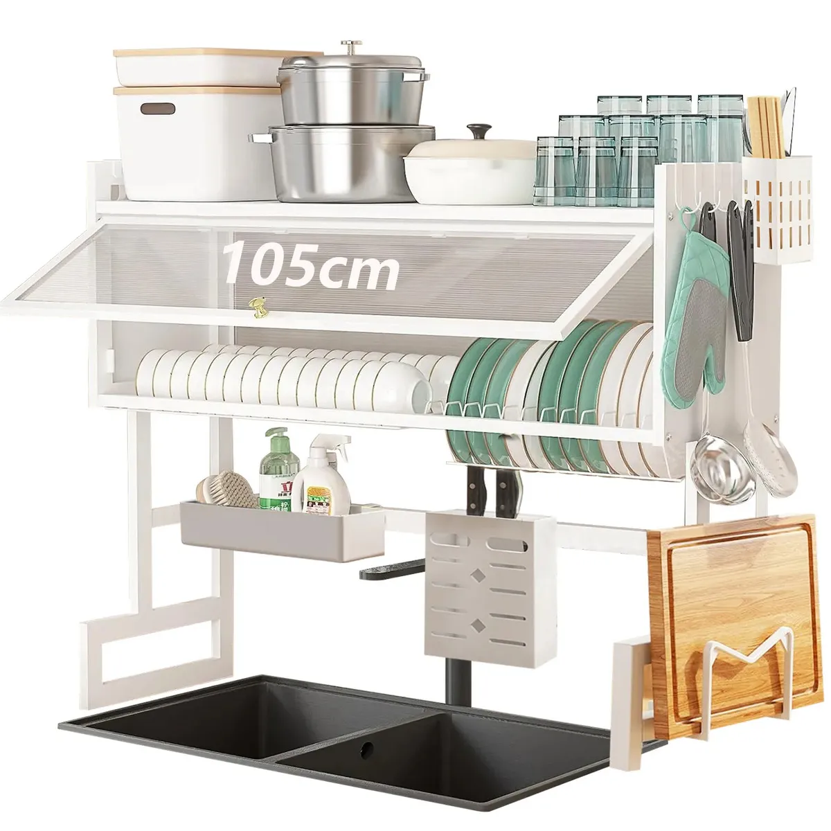 Marsheepy Escurridor de Trastes 105 cm, 3 Niveles con Puerta, Organizador de Platos para Sobre Fregadero, Color Blanco.