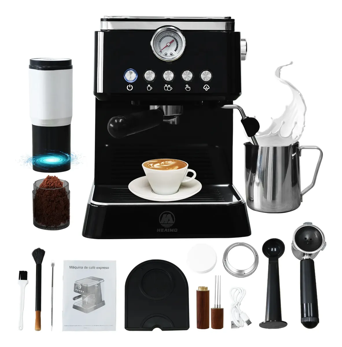 Heaimo Cafetera Espresso Máquina De Café Con Vaporizador Espumador De Leche Incluye Molino De Café Y Accesorios Kit Completo Para Capuchino Latte Uso Hogar Oficina
