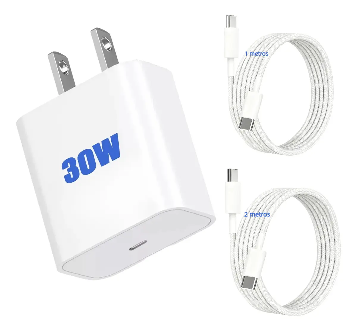 Cargador 30w Carga Rápida Para iPhone 30w Carga Rapida Tipo C Compatible Con iPhone 15/15 Plus/15 Pro/15 Pro Max/16/16 Plus/16 Pro/16 Pro Max/17/17 Air/17pro/17pro Max Con 2 Cables 1 Metro + 2 Metros