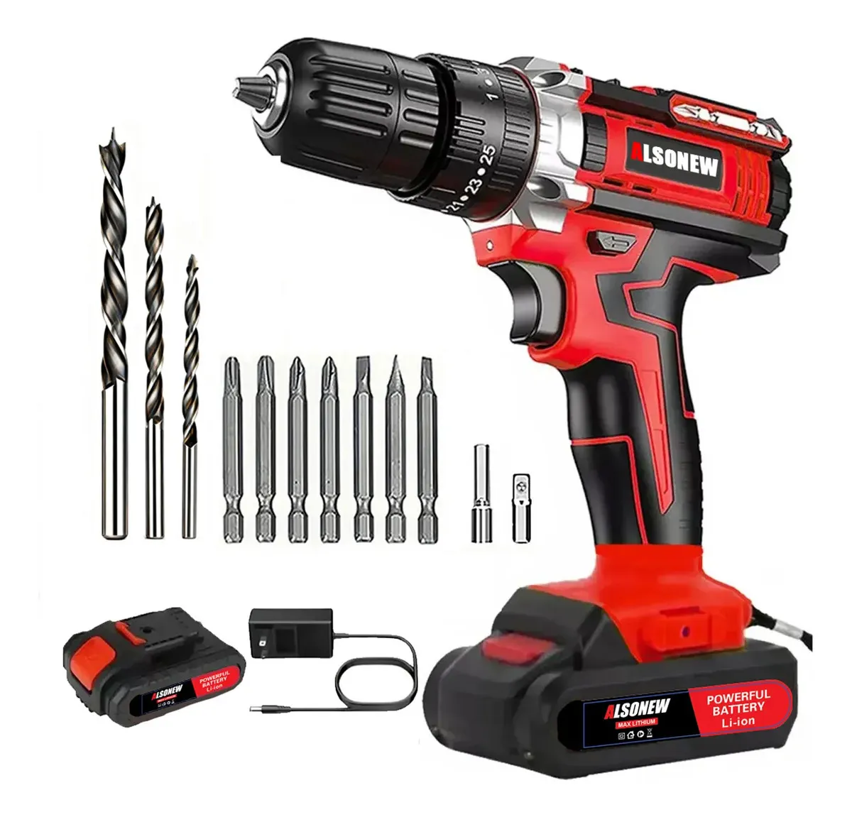 Alsonew Juego De Taladro Inalámbrico Destornillador Eléctrico Color Rojo