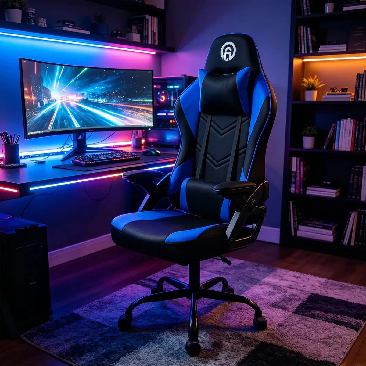FOH Silla Gamer Ergonomica tejido de punto actualizado Azul Reclinable con Soporte Lumbar
