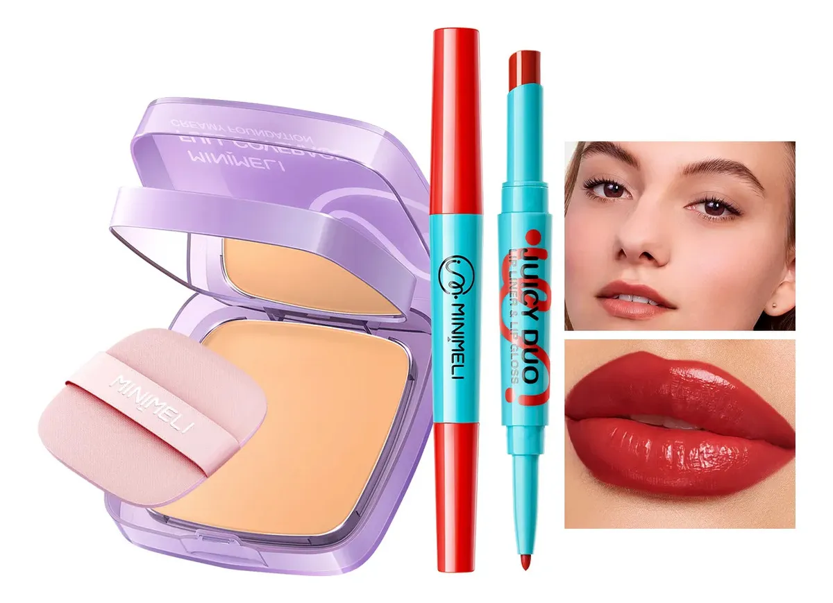 Minimeli 2pcs Kit Base De Maquillaje Matte +2en1 Labiales 03 Medio Claro+manzana Jugoso