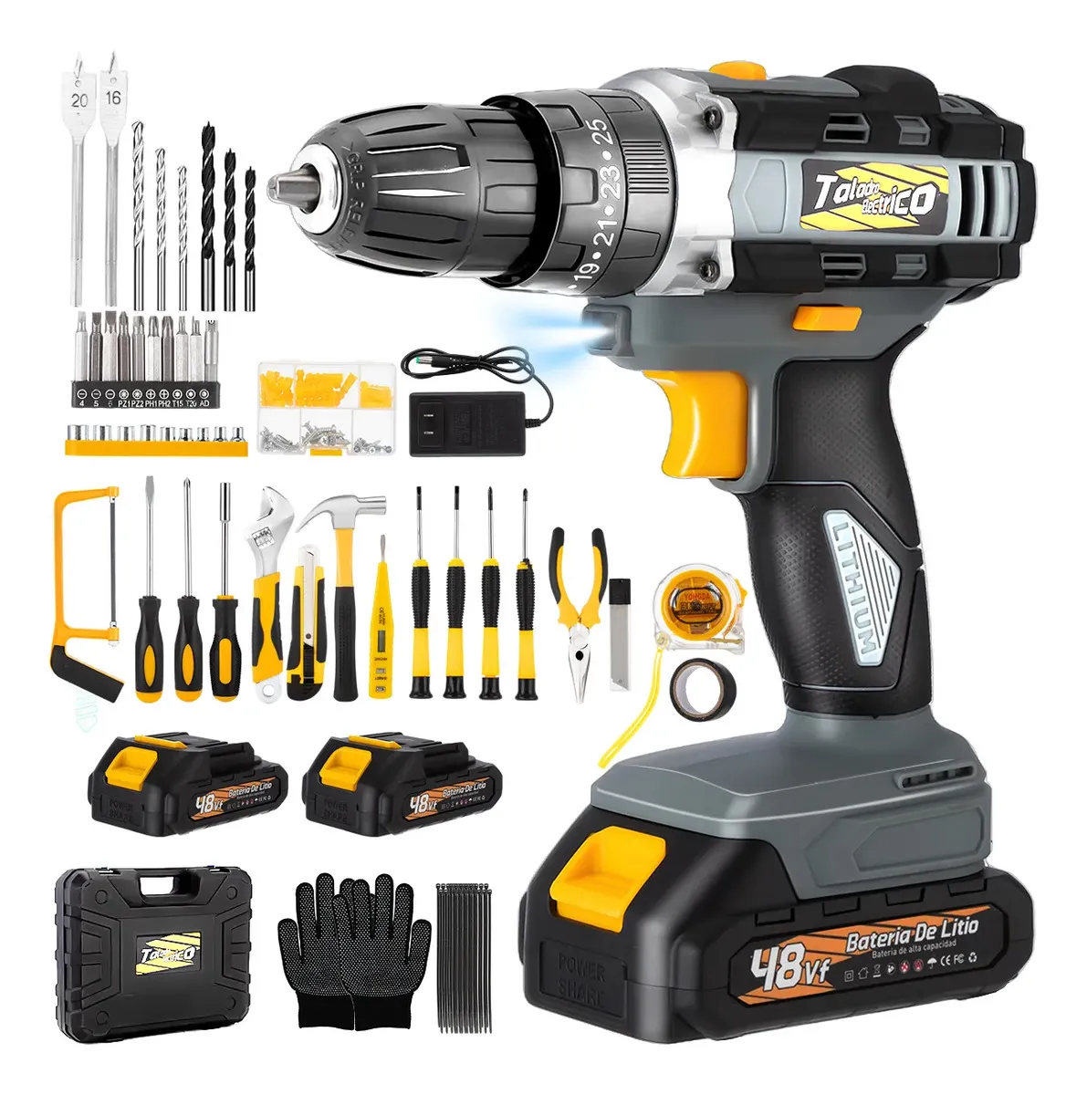 4000w Kit De Taladro De Impacto Destornillador Electrico Inalámbrico 25 Par+3 Funciones 3/8, Faghto Taladro Sin Escobillas 100n.m Con Bateria 9600mah*2 Atornillador, Llave 230 Pcs Herramientas