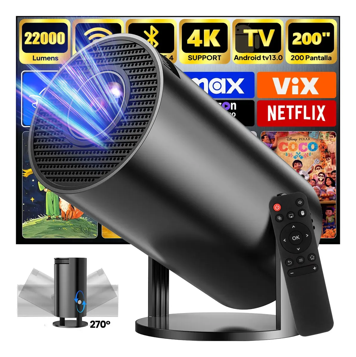 Proyector Portátil 4K 2026 Profesional 22000 Lúmenes 1080p Mini Proyector Hy300 Android 13 Smart Tv Rotación de 270°, Con Bluetooth 5.4 Wifi 6/5g/2.4g Compatibl HDMI/iOS/Android/Laptop/PC/PS4/PS5