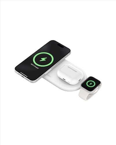 Belkin - WIZ022ttWH - Pad de Carga inalámbrica Qi2 3 en 1 de 15 W, Compatible con MagSafe, para iPhone 12 en adelante, Airpods y Apple Watch, Blanco