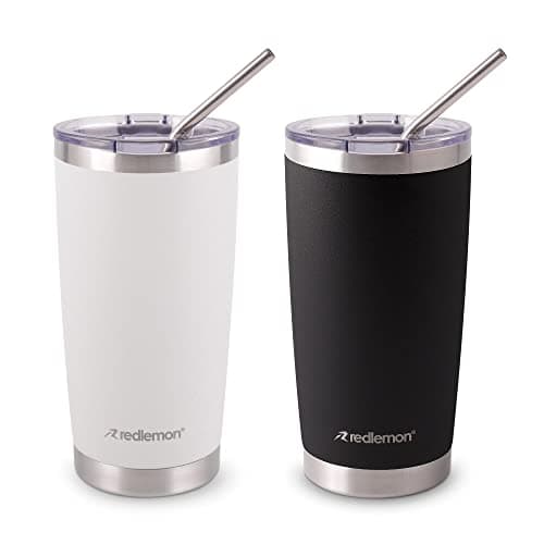 Redlemon 2 Vasos Térmicos de Acero Inoxidable 600 ml con Tapa y Popote