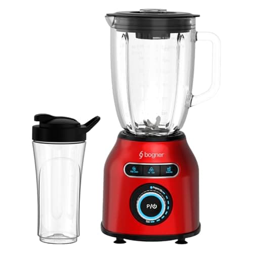 BOGNER Licuadora 2 en 1 con Molienda y Licuados, 8 Velocidades, 3 Programas (Hielo, Smoothie, Autolimpieza), Cuerpo Acero Inox, Jarra de Vidrio, Vaso Tritán, Cuchillas Acero Inox