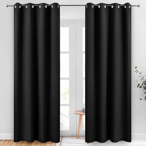 OSLIFE 2 Paneles Cortinas Blackout, Aislamiento Térmico para Sala/Recámara Ventana,Suave 100% Microfibra Poliéster Impermeable,Anillo de Sujeción,Reducción de Ruido, (Negro, 132 * 241cm (2 Paneles))