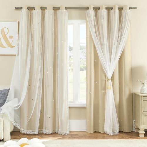 XiDi Cortinas para Dormitorio 213 cm Gota Doble Capa Estrella Recortada Decoración para Habitación de Niños Adultos Puerta Corredera de Vidrio Cortinas Arco Iris para Ventana Beige/132/213/2 MX