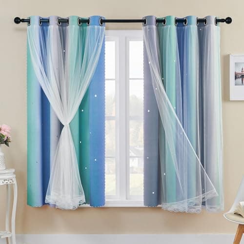 XiDi Cortinas Arco Iris para Dormitorio Estrellas Huecadas Decoración Cortinas de Red con Aislamiento Térmico con Anillos para Niños Niñas Tratamiento Ventana Dormitorio Green BlueGrey/132/160/2 MX