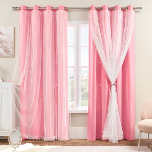 XiDi Cortinas para Dormitorio 213 cm Gota Doble Capa Estrella Recortada Decoración para Habitación de Niños Adultos Puerta Corredera de Vidrio Cortinas Arco Iris para Ventana Pink/132/213/2 MX