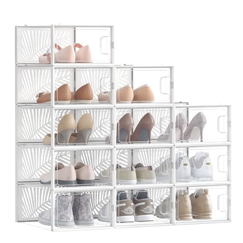SONGMICS Cajas para Zapatos Transparentes, 12 Cajas, Talla 43, Apilables, Organizadores Plegables, Transparente y Blanco MLSP106W12V2