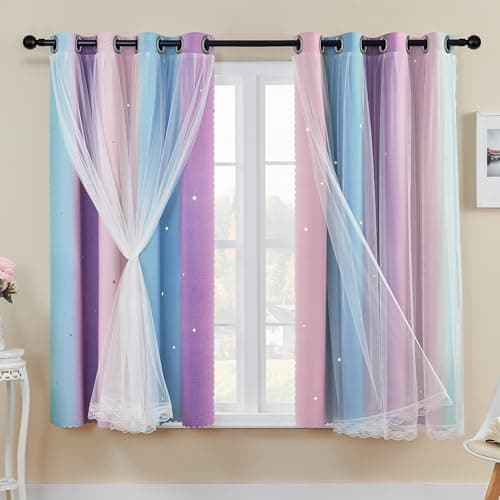XiDi Cortinas Arco Iris para Dormitorio, Estrellas Huecadas Decoración Cortinas Azules con Aislamiento Térmico con Anillos para Niños Niñas Tratamiento Ventana