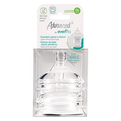 Evenflo Advanced Mamilas Anticólicos, Flujo Medio, Cuello Ancho, Silicón Grado Alimenticio, Libre de BPA, 3 Meses en Adelante, 2 Piezas
