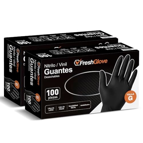 FRESH GLOVE 200 Guantes de Nitrilo Vinyl Color Negro: Libres de Látex, Ajuste Perfecto sin Polvo, Guantes Premium con Tecnología Touchscreen, Ambidiestros, Seguridad y Funcionalidad en tus Manos