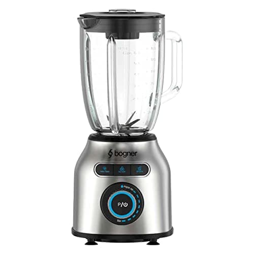 BOGNER Licuadora de 8 velocidades, 1200W fabricada con cubierta de acero inoxidable. Vaso de vidrio templato 1.75L. Función muele hielo, smoothie y autolavado.