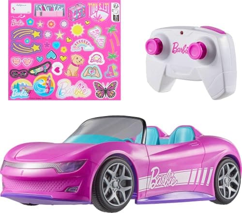 Hot Wheels Barbie JBH05 - Coche de Juguete Convertible con Mando a Distancia, Color Rosa, Espacio para 2 muñecas Barbie y Maletero Abierto para Almacenamiento, Hoja de Pegatinas para Opciones de