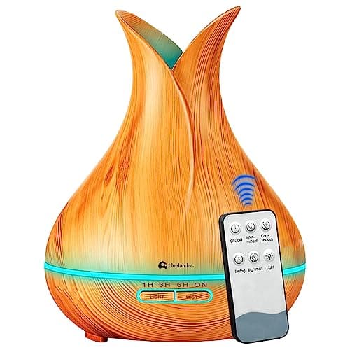 Bluelander Difusor de Aromas y Lámpara Nocturna 400ml, 7 Modos de Brillo para Relajar, Aromaterapia Ultrasonico, Apagado Automático, Humidificación Silenciosa para Oficina y Casa (Madera Clara)