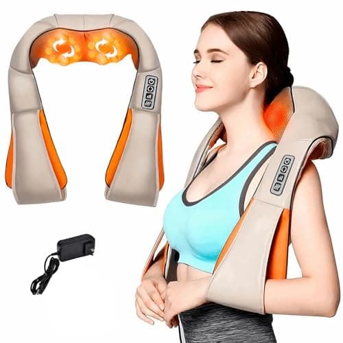 Bluelander Masajeador de Espalda, Función de Calentamiento por Infrarrojo, 3 Velocidades y 16 Cabezales de Masaje, Masajeador de Cuello y Hombros con Rotación 3D, Multifuncional, Multifuncional para Casa, Auto u Oficina (Naranja)