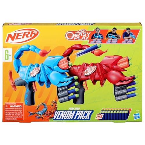 NERF Hasbro Wild Venompack Easy Play - Set de 2 Lanzadores de Dardos Ligeros y Fáciles de Sostener con Diseño de Escorpión y 20 Dardos de Espuma Elite para niños y niñas a Partir de 6 años