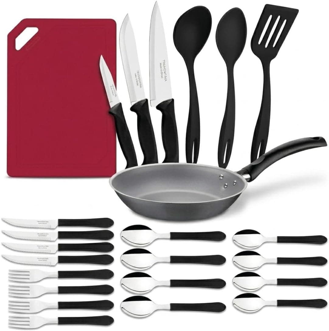 TRAMONTINA - Sartén 20 cm Turim con utensilios, cuchillos, set de cubiertos y tabla de cortar, 24 piezas