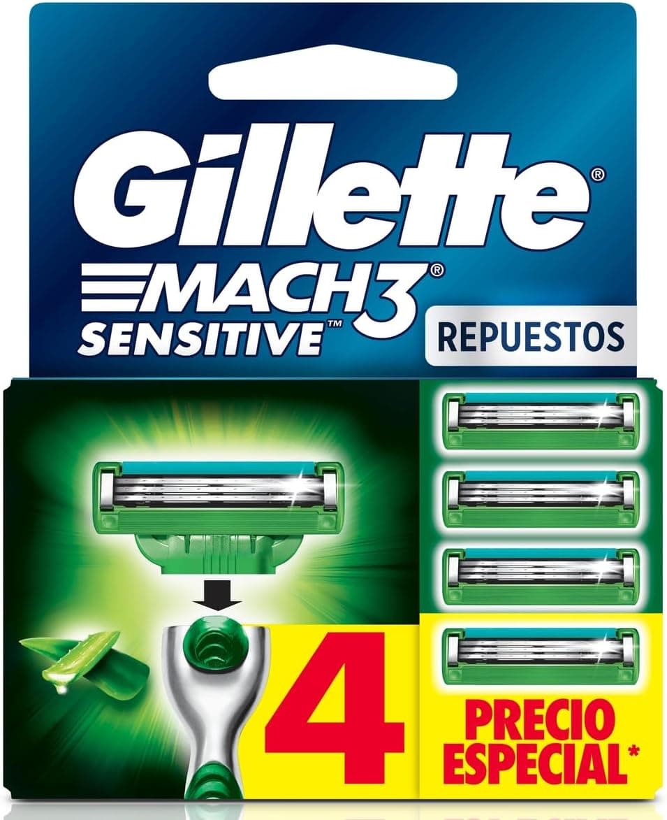 GILLETTE Mach3 Sensitive, Rastrillo para Afeitar Reutilizable, 4 Cartuchos con 3 Hojas para Rasurar, Rastrillo para Hombre con Piel Sensible
