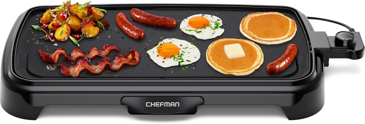Chefman - Plancha eléctrica XL con control de temperatura extraíble, parrilla superior plana sumergible, hamburguesas, huevos, plancha para panqueques, superficie antiadherente extragrande, bandeja de