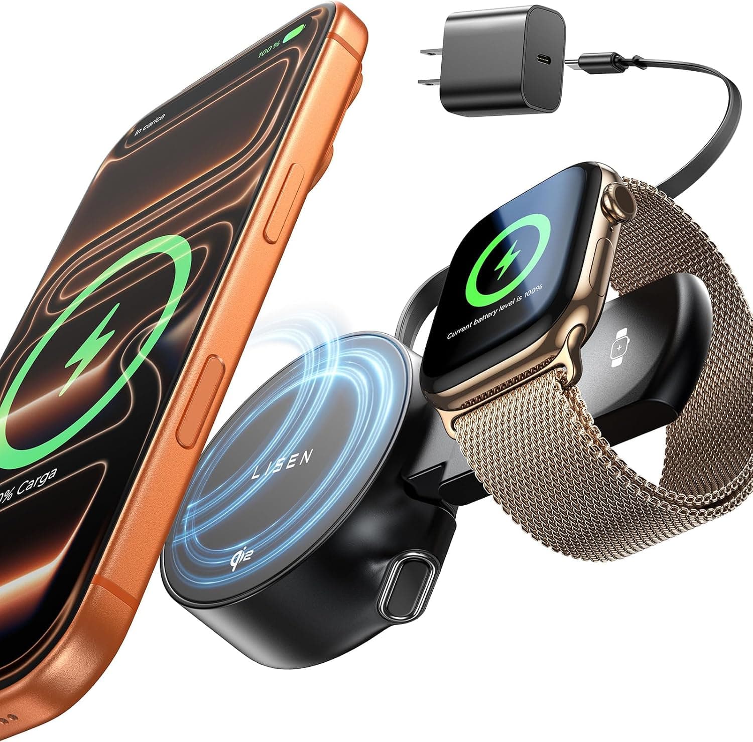 LISEN Qi2 2 en 1 Cargador Inalámbrico Plegable para iPhone 17 Pro MAX con Cable Retráctil 80CM, con 20W Cargador, Soporte de Carga Inalámbrico Compatible con iPhone 17 Air 16 15 14 13 Pro MAX, iWatch