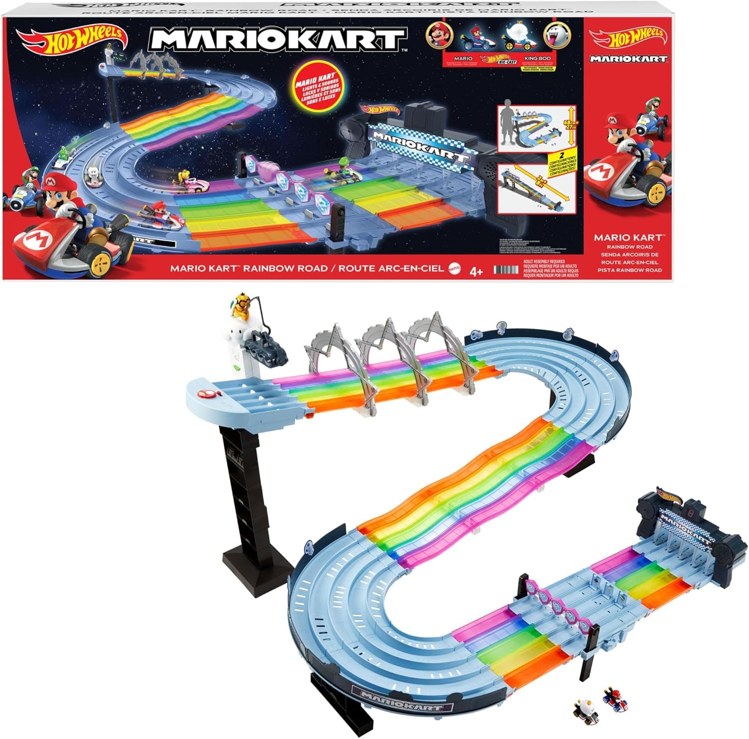 HOT WHEELS, Mario Kart, Pista de Juguete para Niños, Senda Arcoíris, con 2 Karts Incluidos, 4+ Años | Aproximadamente 243 cm de largo, 5 carriles configurables; incluye al exclusivo Rey Boo, con luces y sonidos