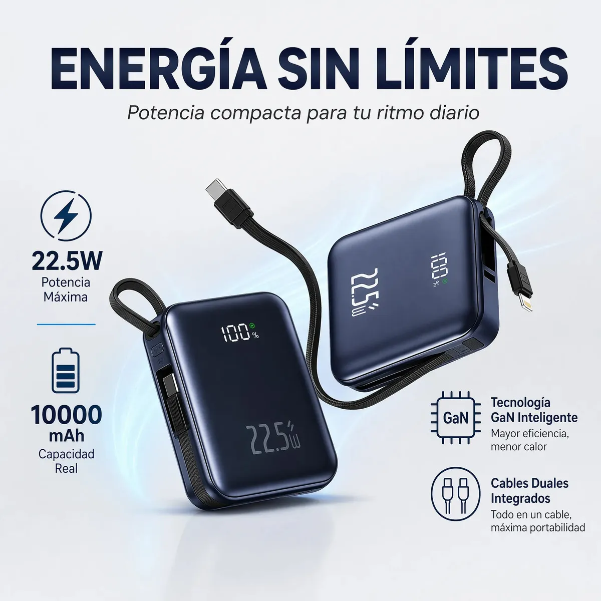 Power Bank Batería Portátil 10000 mAh pd 22.5W Carga Rápida con cables Integrados para ios y tipo c Pantalla Digital LED KAYTECNO