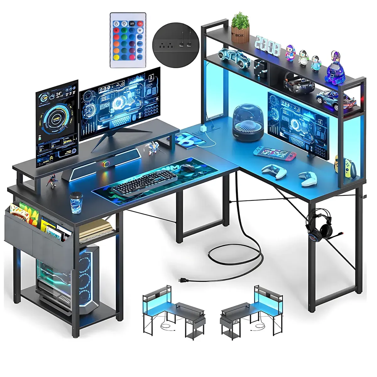 Escritorio Gamer Heaimo En L Con Led Y Repisas 124x90x74.4 Cm Con Enchufe Y Puerto De Carga Para Computadora Home Office Estudio Y Gaming