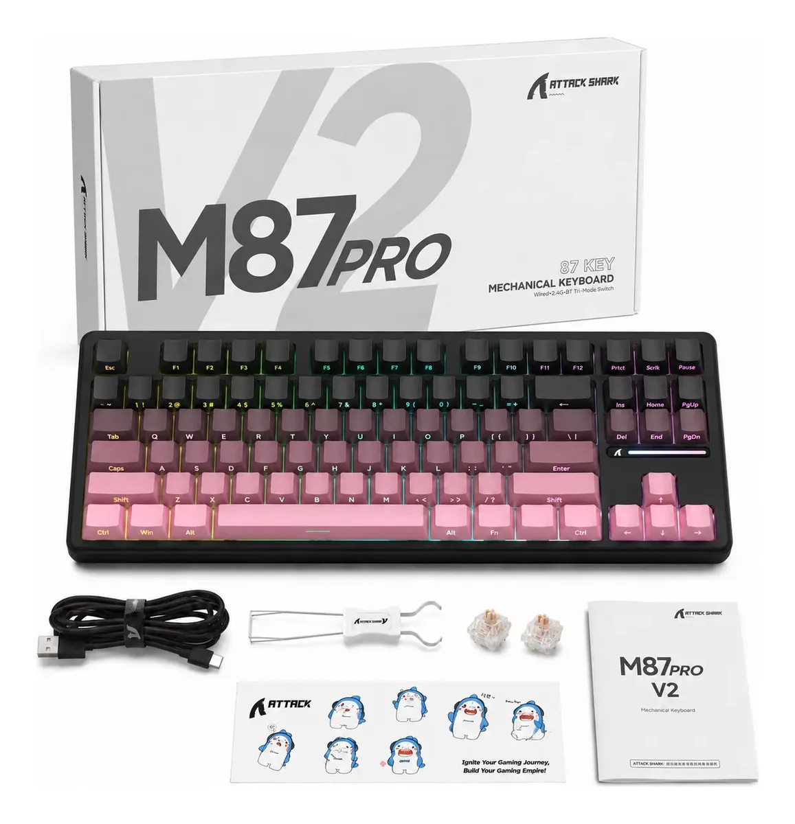 Teclado Mecánico Gamer Attack Shark M87 Español ñ 4000mAh 3 Modos 75% RGB Teclado Inalambrico 86 Teclas PBT Impresión Lateral Hot swappable Teclado Para Pc, Mac, Teléfonos, Ps4, Negro