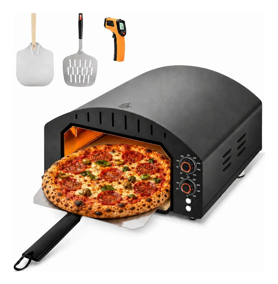 NOVANGUA Horno Pizzero Eléctrico 330°C Con Piedra Refractaria 13" Termómetro Infrarrojo Para Casa Y Terraza