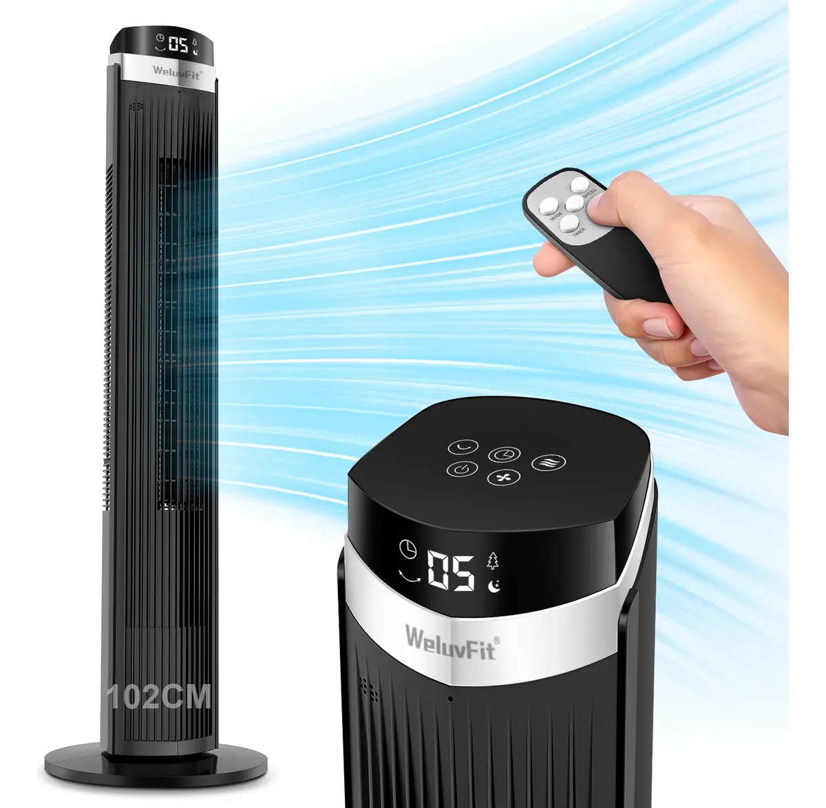 Ventilador de Torre WeluvFit B4034 Silencioso de 102 cm Con Control Remoto, 5 Velocidades y 3 Modos