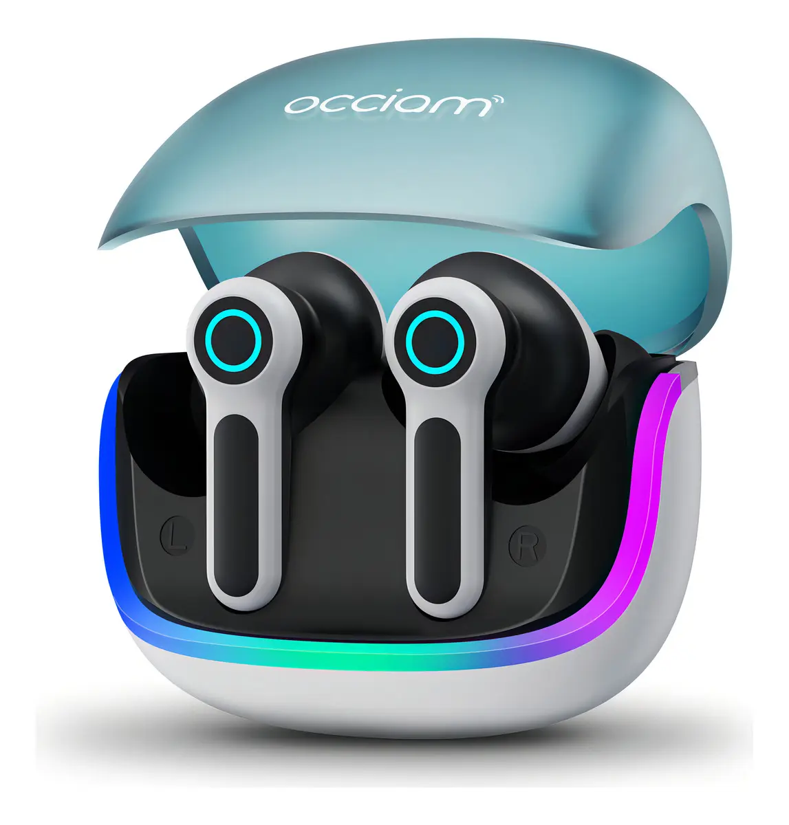Audífonos Inalámbricos y Manos Libres Occiam G07 In-Ear Color Azul Bluetooth Gamer Luces RGB ENC Cancelación de Ruido Baja Latencia 45ms Carga Rápida Sonido HiFi para Deporte Trabajo y Juegos Diarios