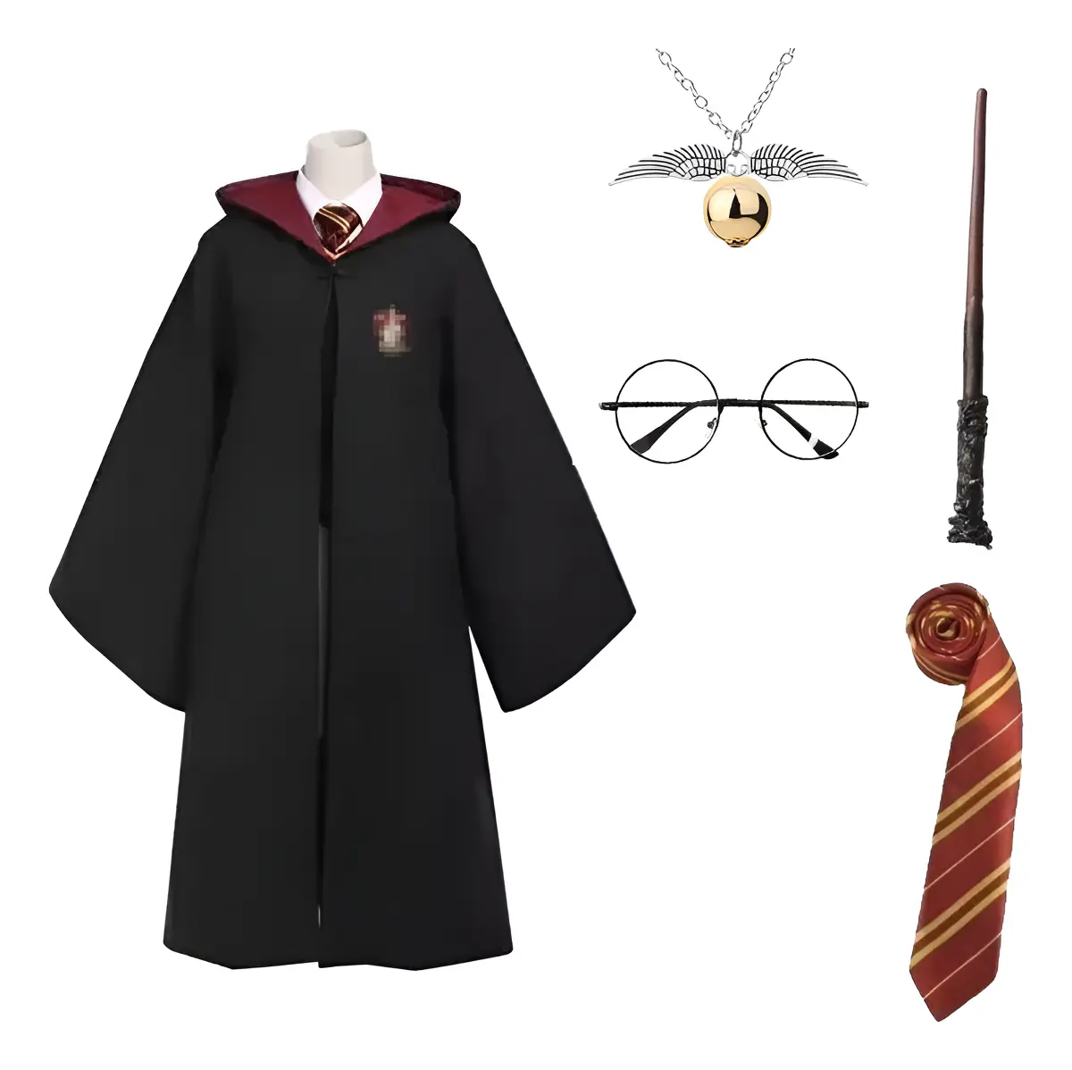 Disfraz Harry Potter Capa Ropa De Hogwarts Magia Roja, Tunica Cosplay Con Corbata, Collar, Varita Y Gafas 5 Piezas Niños Adultos Slytherin Hufflepuff